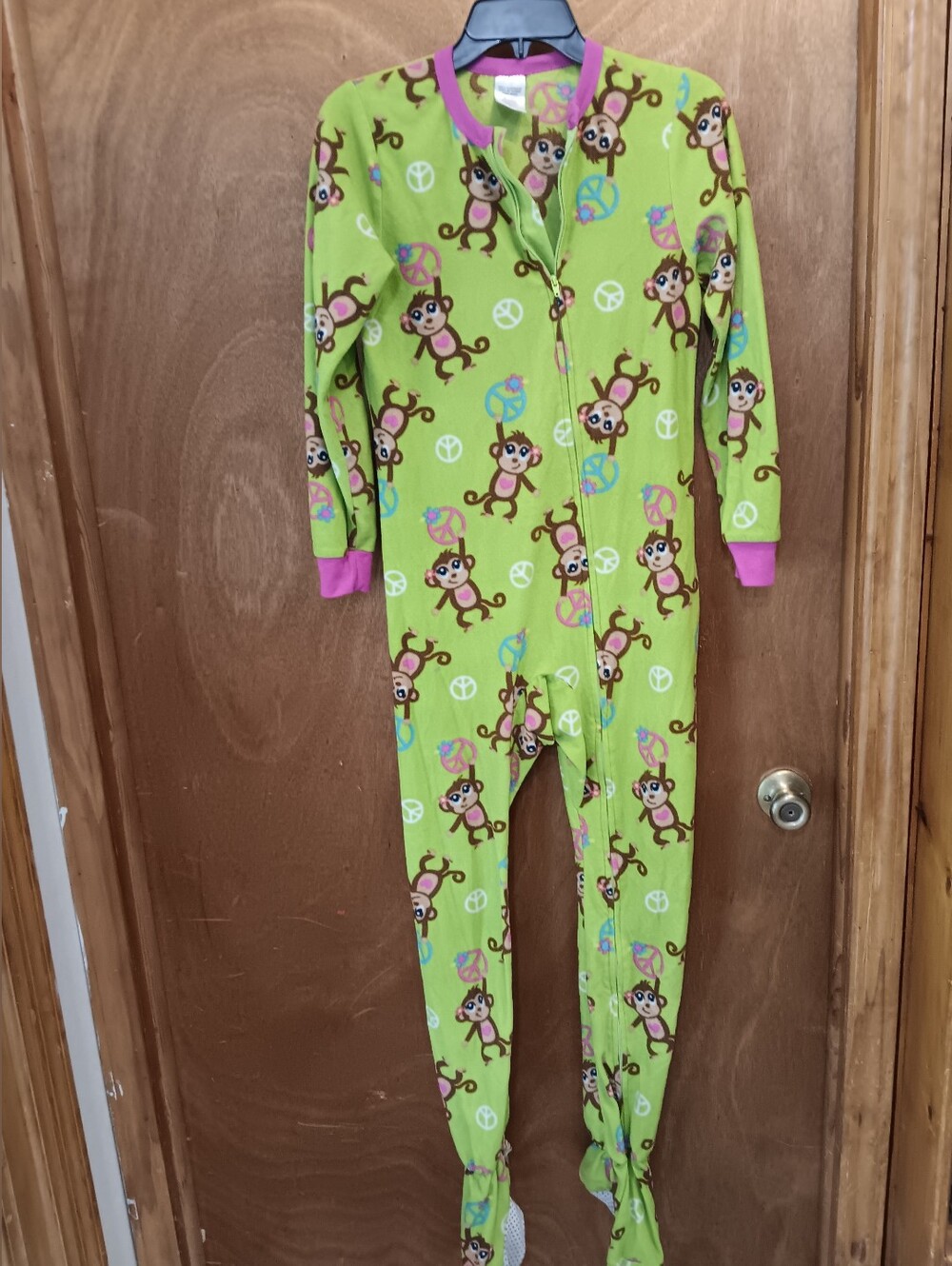 Kids Monkey Print One-Piece Pajamas in Lime Green with Pink Trim